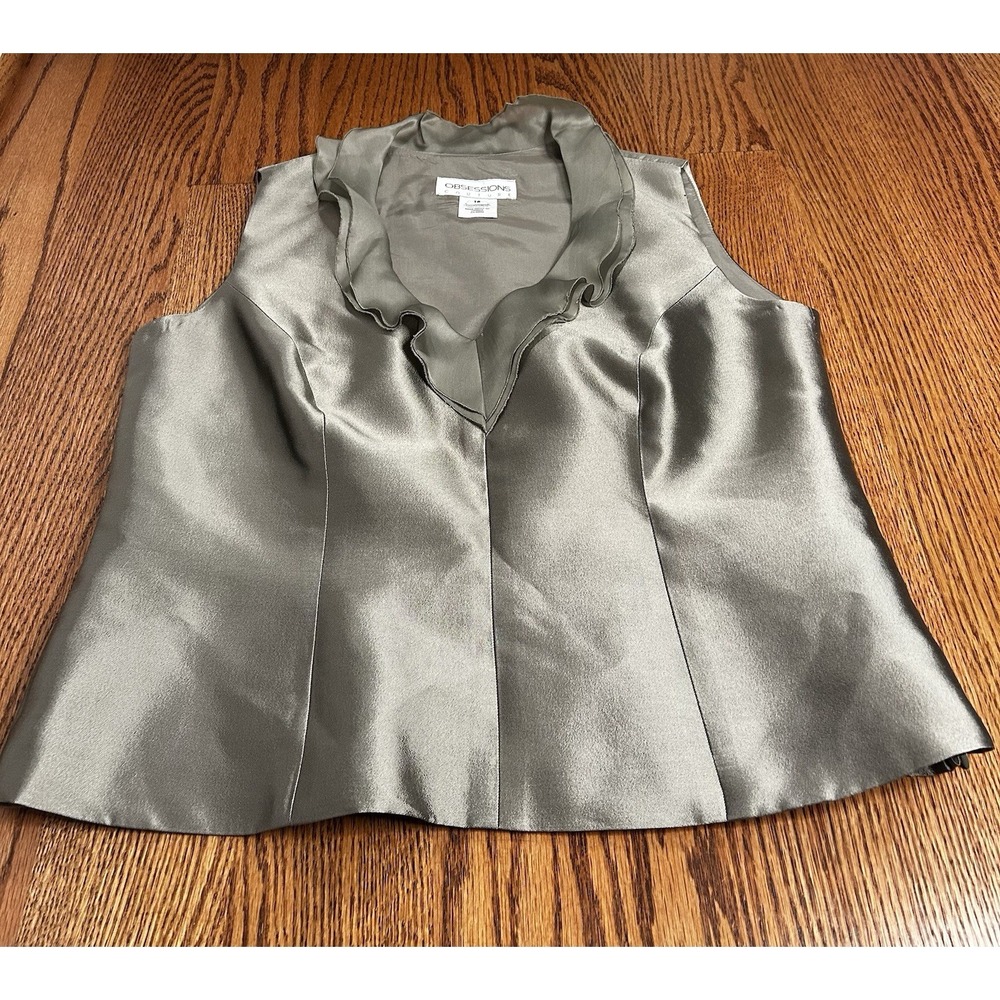 Obsessions Couture Silk Wool Blend Green Sleeveless Blouse Women Size 16 Ruffle